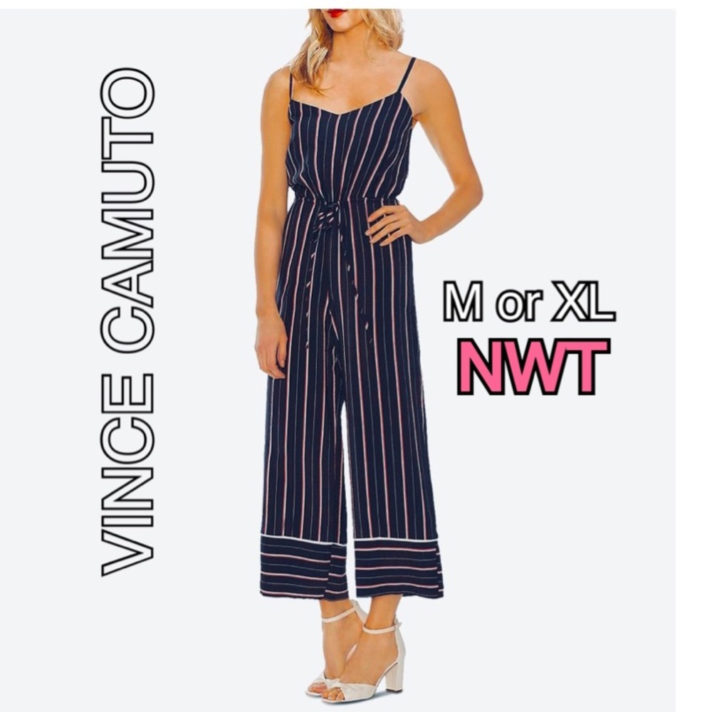 NWT XL VINCE CAMUTO stripe pantsuit jumpsuit romper drawstring spaghetti wideleg